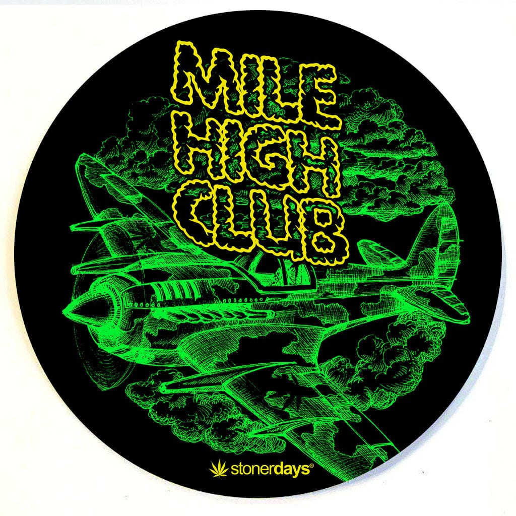 A top-down view of the Stonerdays Round Dab Mats featuring colorful, text-based graphics against a dark background.