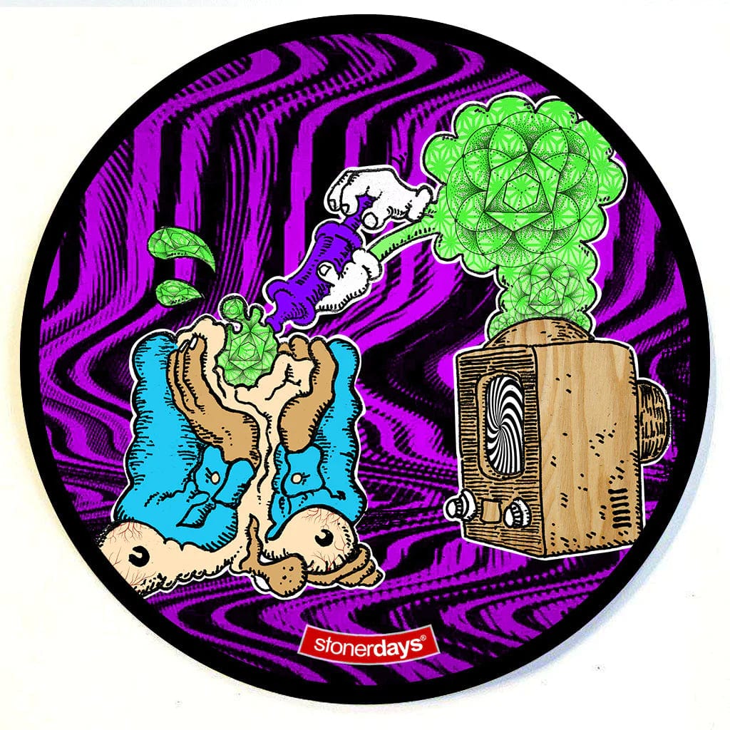 A vibrant, overhead view of the Stonerdays Round Dab Mats featuring psychedelic swirls and colorful cartoon illustrations.