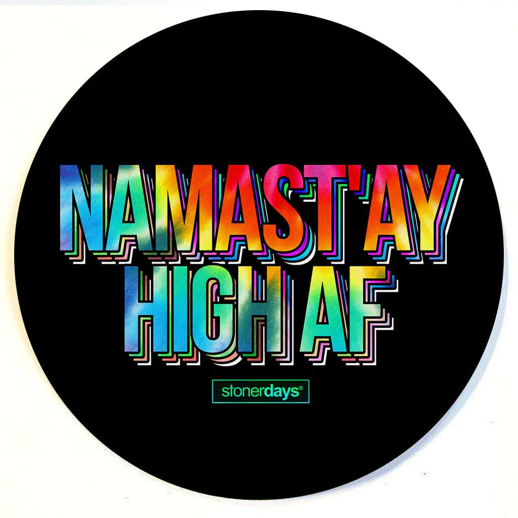 A top-down view of the Stonerdays Round Dab Mats, featuring bold, colorful text on a black background.