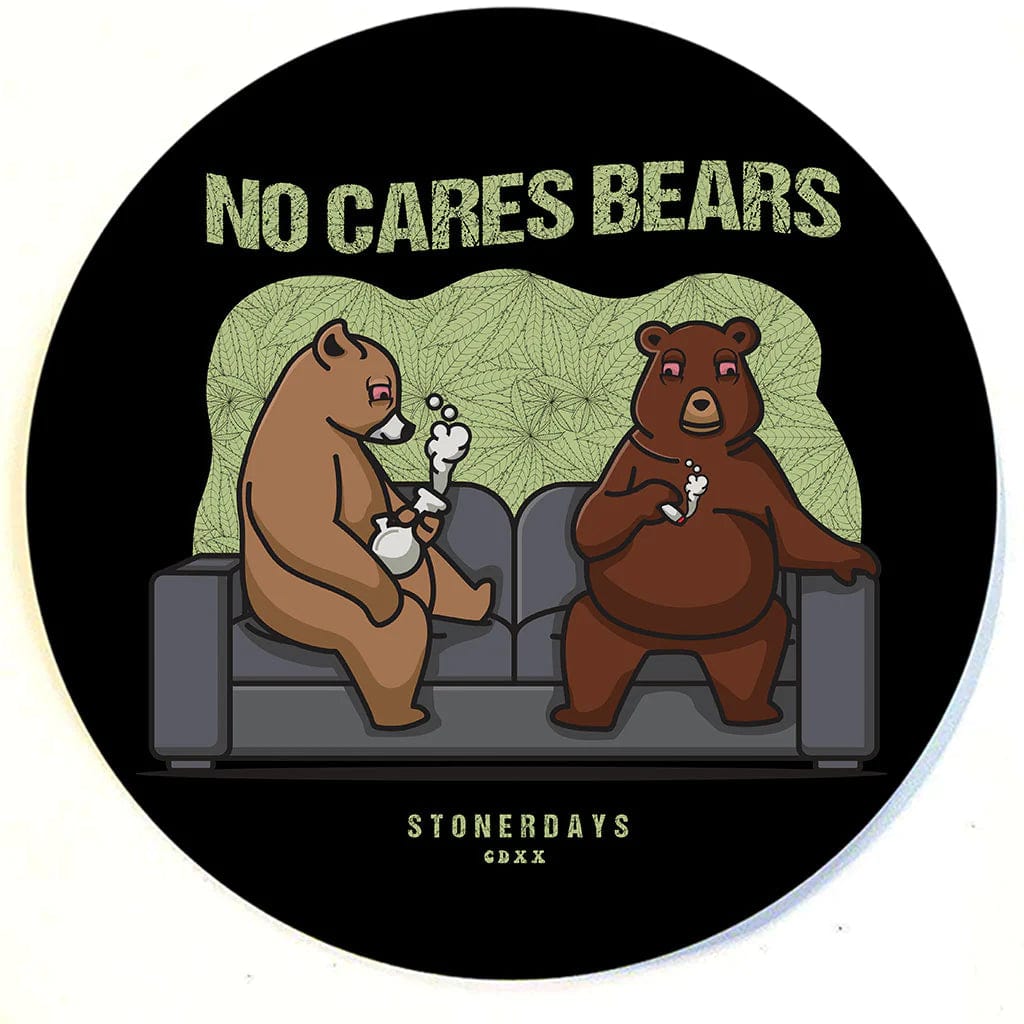 A side view of the Stonerdays Round Dab Mats featuring two cartoon bears seated on a dark couch.