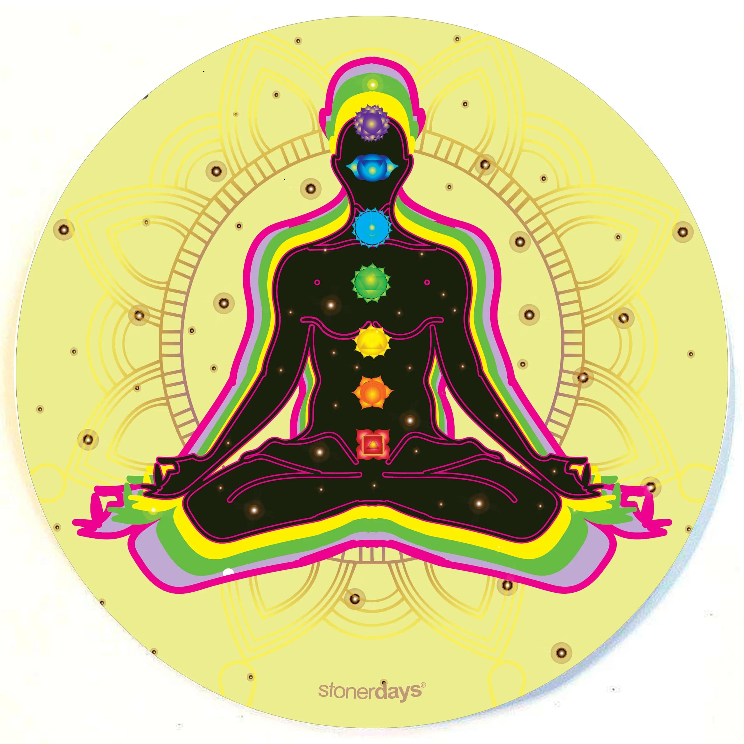 A centered view of the Stonerdays Round Dab Mats displaying a meditative figure with vibrant, cosmic detailing within a circular pattern.