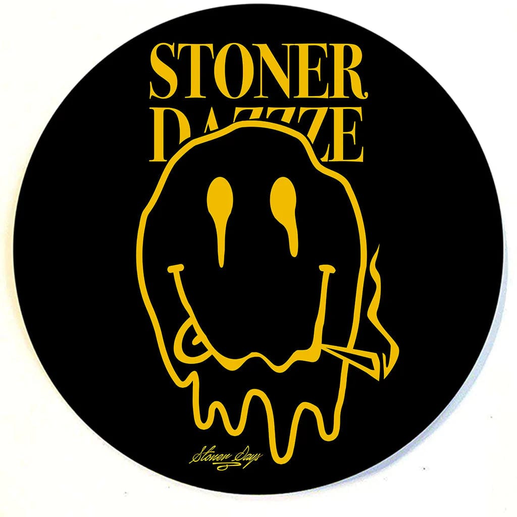 A top-down view of the Stonerdays Round Dab Mats featuring a bold, graphic design in black and white.