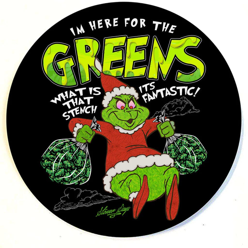 A top-down view of the Stonerdays Round Dab Mats featuring a vibrant green design with illustrative lettering.