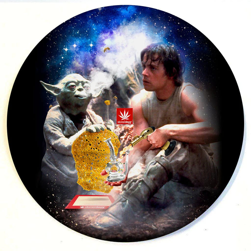 A vibrant, detailed illustration features the Stonerdays Round Dab Mats with a galactic scene and a figure resembling Yoda.