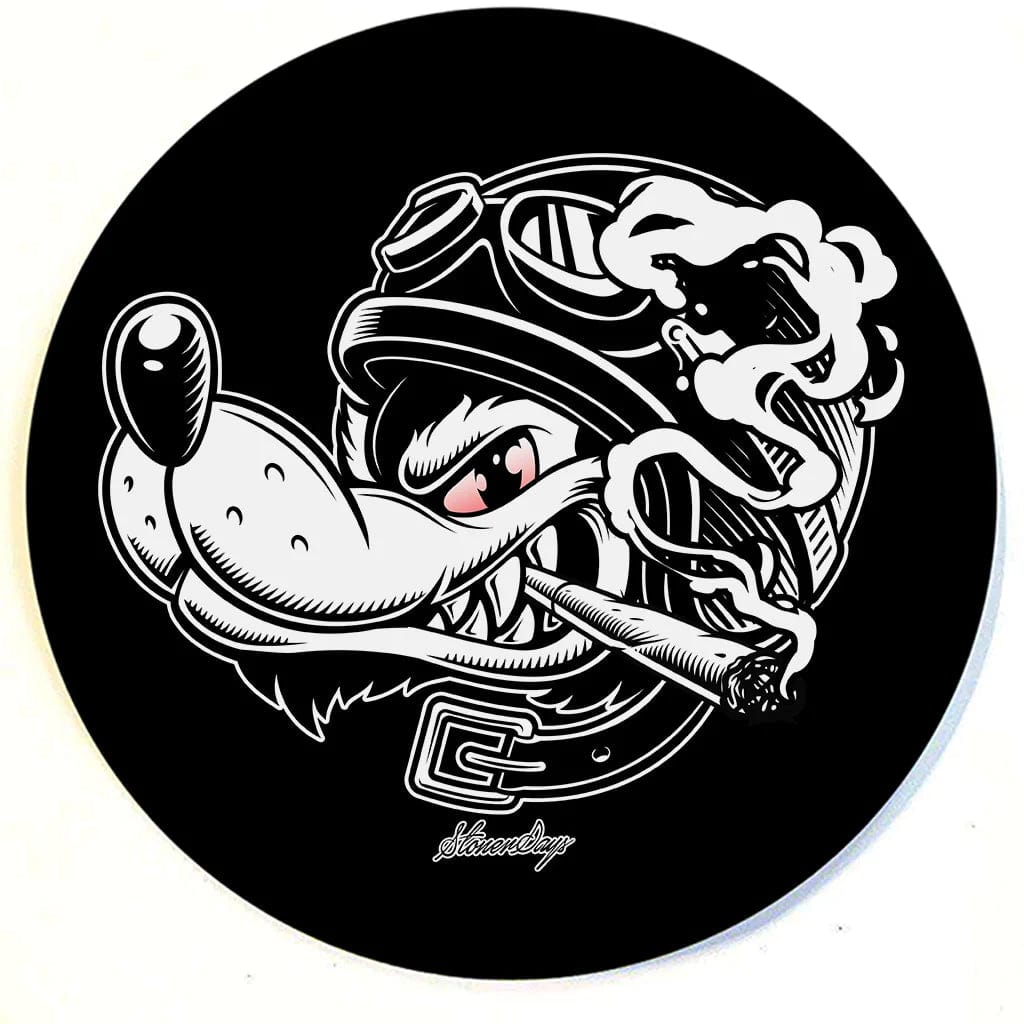 A top-down view of the Stonerdays Round Dab Mats featuring a colorful, cartoonish design with a central circular graphic.