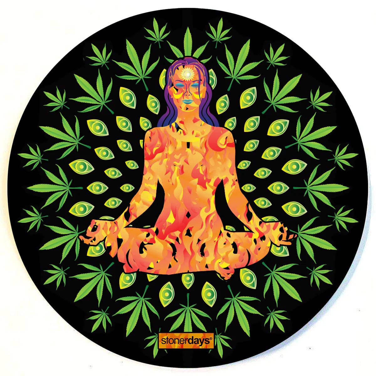 A circular Stonerdays Round Dab Mat features a stylized figure with a swirling, colorful aura against a black background adorned with green leaves.