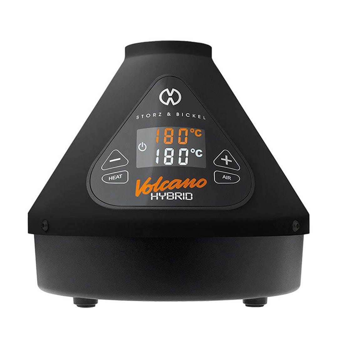 Front-facing view of the black Storz & Bickel Volcano Hybrid showing its triangular digital control panel with orange "Volcano" script and 180°C display.