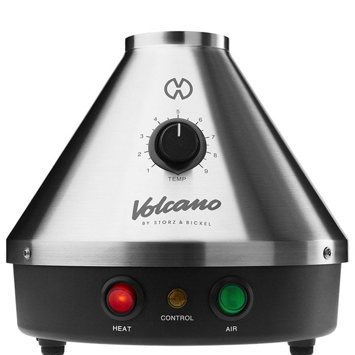 Front view of the Storz & Bickel Classic Volcano Desktop Vaporizer, showing the control panel with a silver finish and digital display.