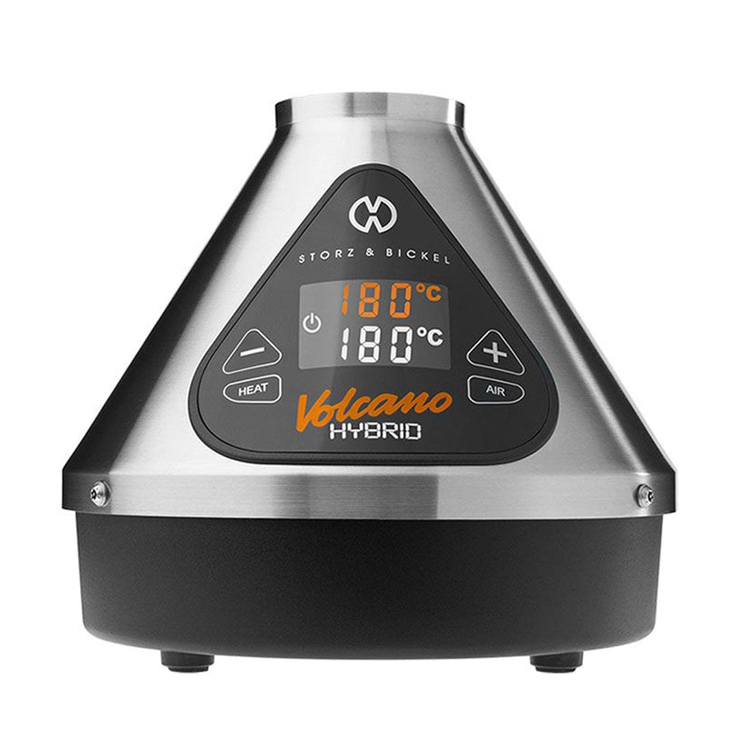 Front view of the stainless steel Storz & Bickel Volcano Hybrid showing its triangular black control panel with orange "Volcano" text and digital 180°C display.