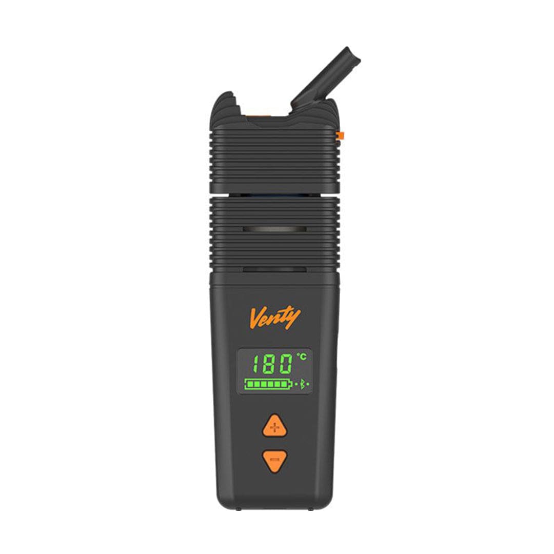 Front view of the Storz & Bickel Venty Vaporizer, a sleek, black handheld device with a digital display.