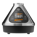 Front-facing view of the silver Storz & Bickel Volcano Hybrid showing its conical metal top, illuminated digital display and black base.