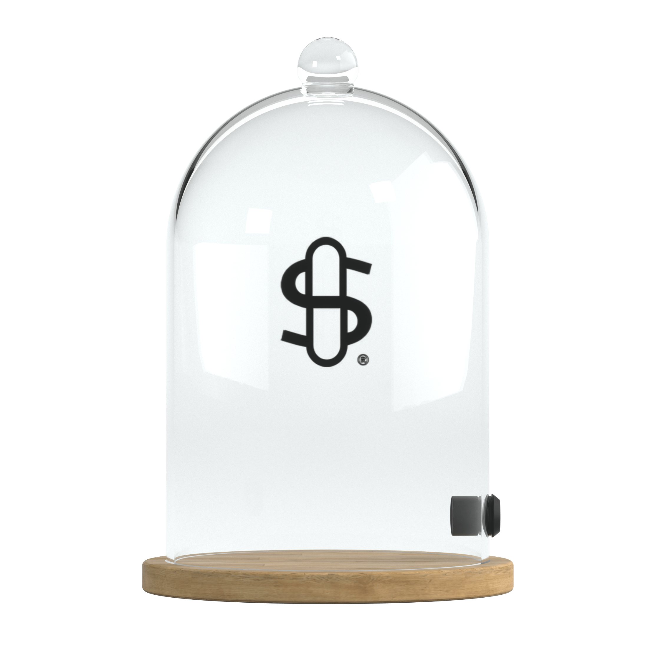 Top-down view of the Beverage Cloche showing its clear glass dome with a round knob, wood base, and visible dollar-sign logo.