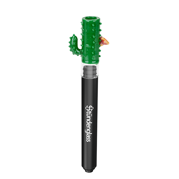 Top-down view of the Hose Tip Cactus showing a green cactus-shaped glass tip with a small orange flower atop a black Stündenglass-branded mouthpiece.