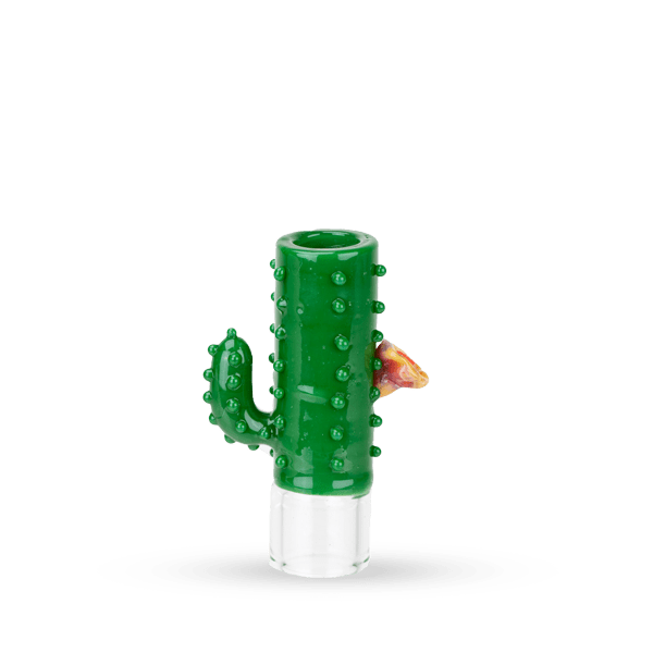Center-front view of the Hose Tip Cactus, a glossy green cactus-shaped glass tip with stubby arms and a small orange blossom, cast on a white background.