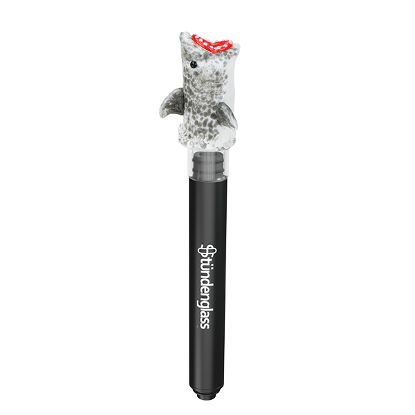 Straight-on studio shot of the Hose Tip Jawsome showing a black cylindrical handle with white logo and a gray shark-shaped glass tip with an open red mouth.
