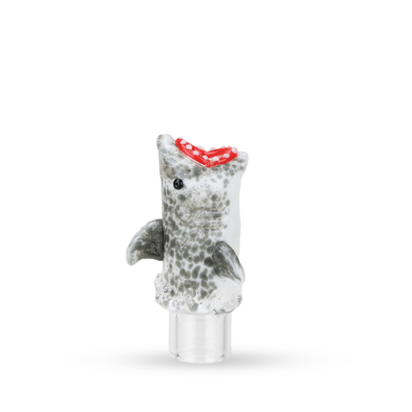 Front-facing shot of a grey spotted shark mouth piece with red interior, labeled Hose Tip Jawsome, standing on a white background.