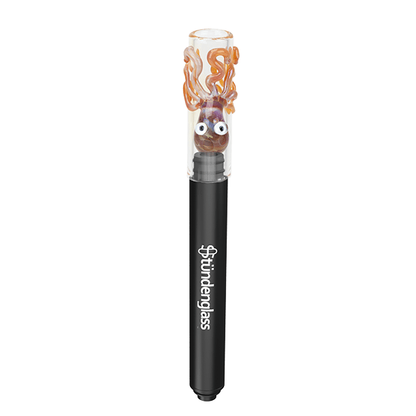 Center-aligned, upright view of the Hose Tip Ollie the Octopus showing a clear glass tip with orange tentacles and googly eyes atop a black Stündenglass stem.