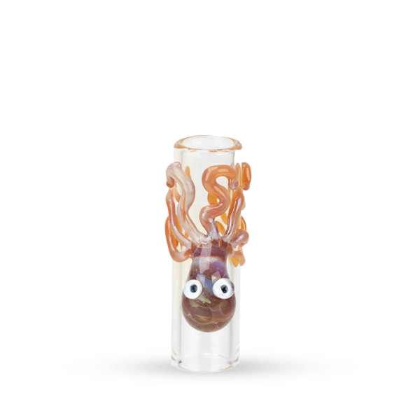 Center front view of the Hose Tip Ollie the Octopus glass tip with curled orange tentacles and googly eyes on a white background