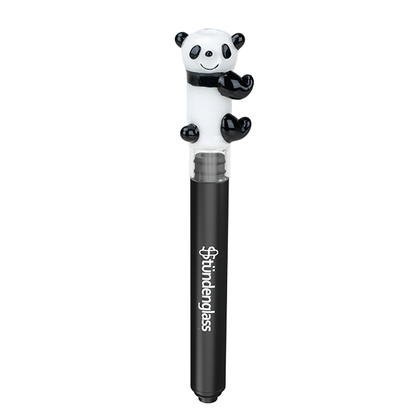 Centered full-length view of the Hose Tip Panda Panda Panda showing a black pen-like body with a smiling white-and-black panda topper.