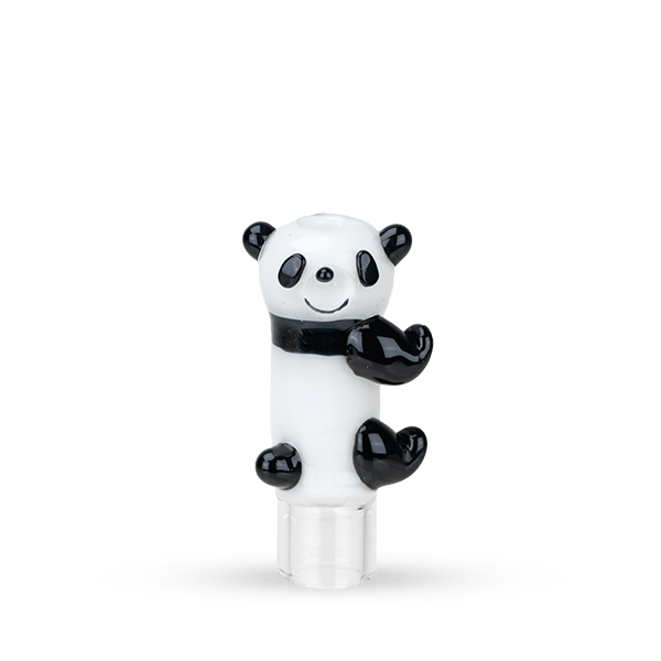 Center-front view of a white and black Hose Tip Panda Panda Panda shaped like a smiling panda clinging with glossy black arms and legs.