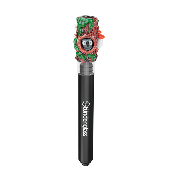 Centered vertical shot of the Hose Tip Renew the Redwoods showing a detailed red-barked, green-moss top with a hollowed knot and black branded black shaft
