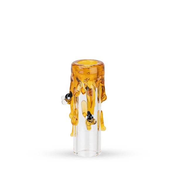 Front view of the clear glass Hose Tip Save the Bees with amber drips and two tiny bee accents against a white background