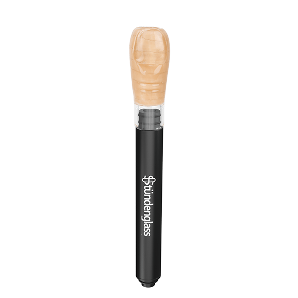 Vertical studio shot of the Stündenglass Hose Tip Toe Beans showing a tan rounded silicone tip atop a black cylindrical handle with white branding on a plain light background.