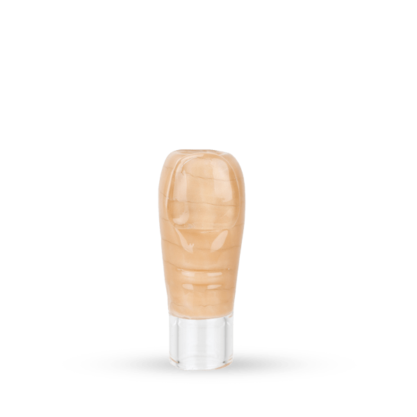 Centered studio shot of a beige, toe-shaped clip standing upright on a shadowed surface, labeled Hose Tip Toe Beans.