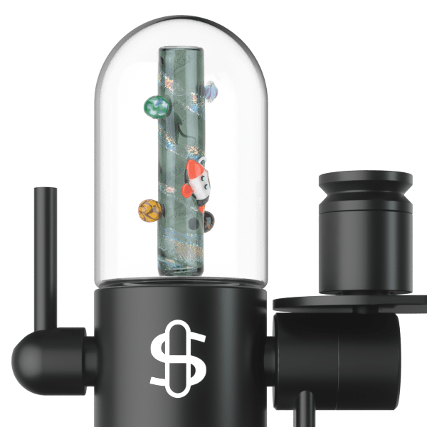 Front-facing close-up of the Large Upstem (Straight) Across the Universe showing a vertical glass tube with tiny planet marbles inside, set in a matte black base.