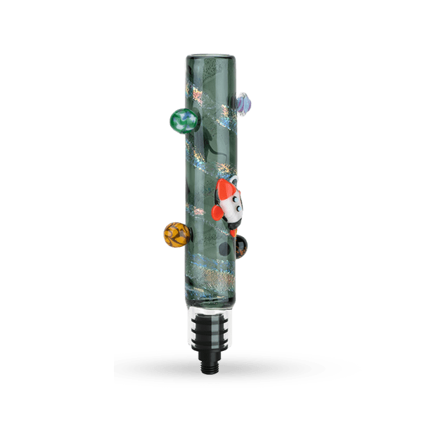 Centered vertical view of the Large Upstem (Straight) Across the Universe, a green glass tube with spiral iridescent stripes and small colorful planetary knobs.