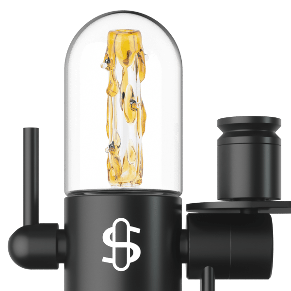 Close-up front view of the Large Upstem (Straight) Save the Bees showing a tall clear glass dome with a yellow textured inner tube mounted on a matte black base.