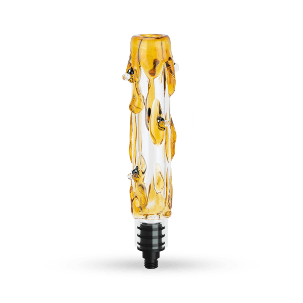 Centered upright studio shot of the Large Upstem (Straight) Save the Bees showing amber drips and small bee accents on clear glass.