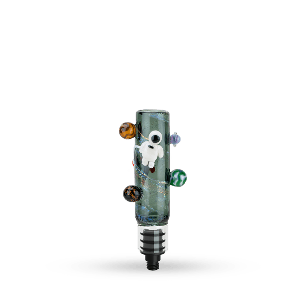 Centered upright shot of the Small Upstem (Straight) Across the Universe showing a cylindrical glass piece with a tiny white astronaut figurine and four colorful orb accents against a plain white background.