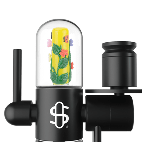 Front view of the Small Upstem (Straight) Garden Variety showing a glass dome over a yellow floral insert mounted on a matte black straight upstem.