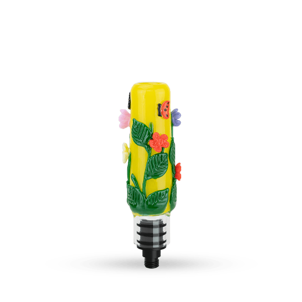 Front view of the Small Upstem (Straight) Garden Variety showing a yellow glass stem with raised green leaves and colorful flowers.