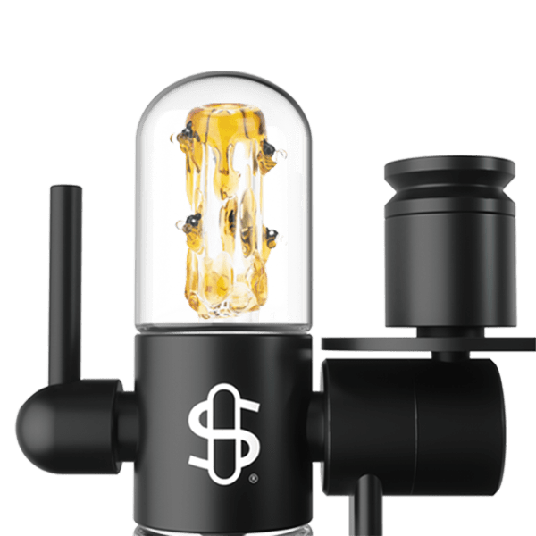 Front-facing view of the Small Upstem (Straight) Save the Bees showing a black matte body with white logo and a clear dome revealing a yellow honeycomb-style inner percolator.