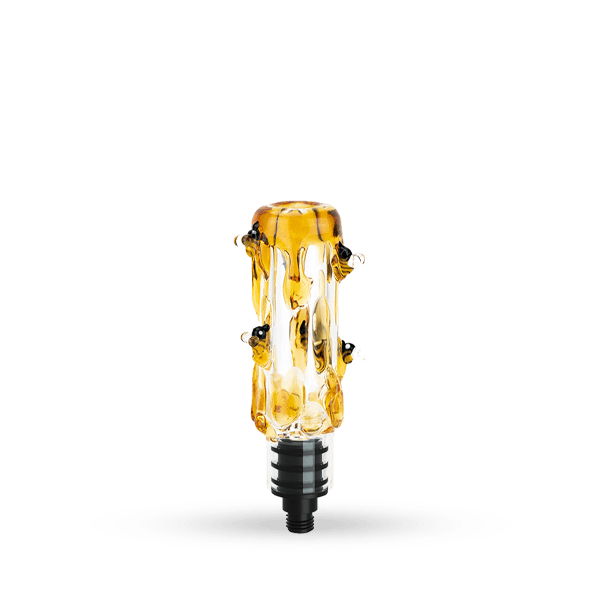 Center-lit front view of the Small Upstem (Straight) Save the Bees showing amber glass drips and tiny bee decorations on a white background.