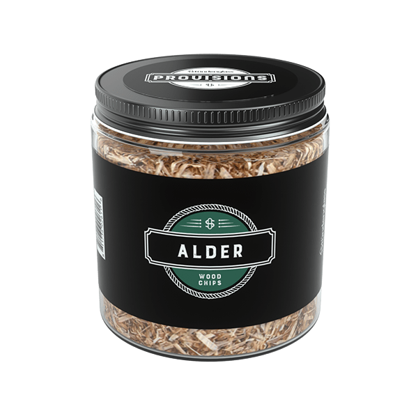 Front-facing shot of a clear jar of Woodchips - Alder (4oz) with a black lid and labeled black band showing light brown alder wood chips inside