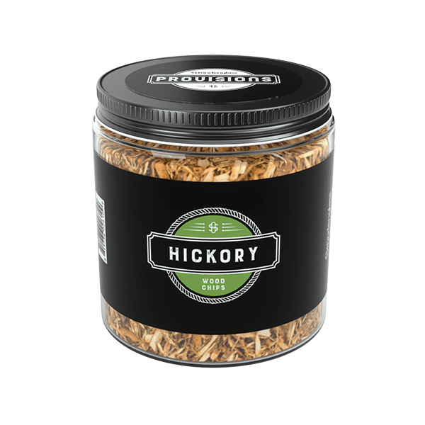 Three-quarter view of a clear jar filled with light brown chips labeled "Woodchips - Hickory (4oz)" showing a black lid and a green-and-black Hickory badge on the front.