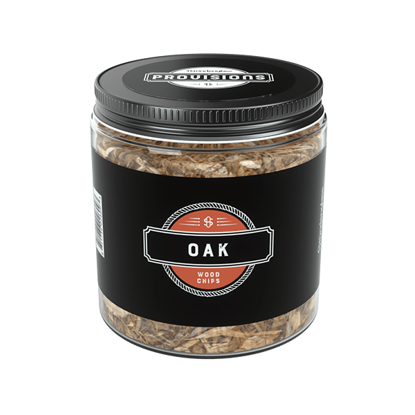 Front three-quarter view of a clear jar labeled "Woodchips - Oak (4oz)" showing light brown oak chips inside and a black screw-top lid.