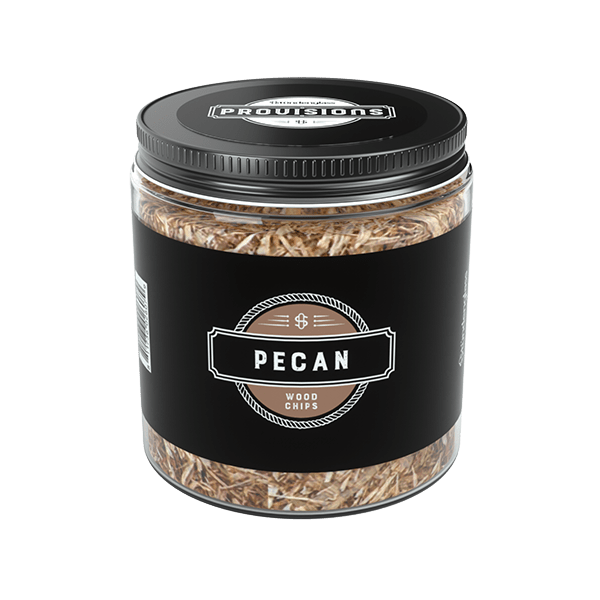 Front three-quarter view of a clear jar of Woodchips - Pecan (4oz) showing light brown pecan wood chips, a black lid and a black label with "Pecan" badge.