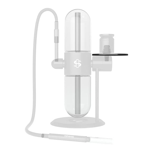 Center-frontal view of the Charcoal Tray showing its round black tray attached to a clear cylindrical glass rig against a plain white background.