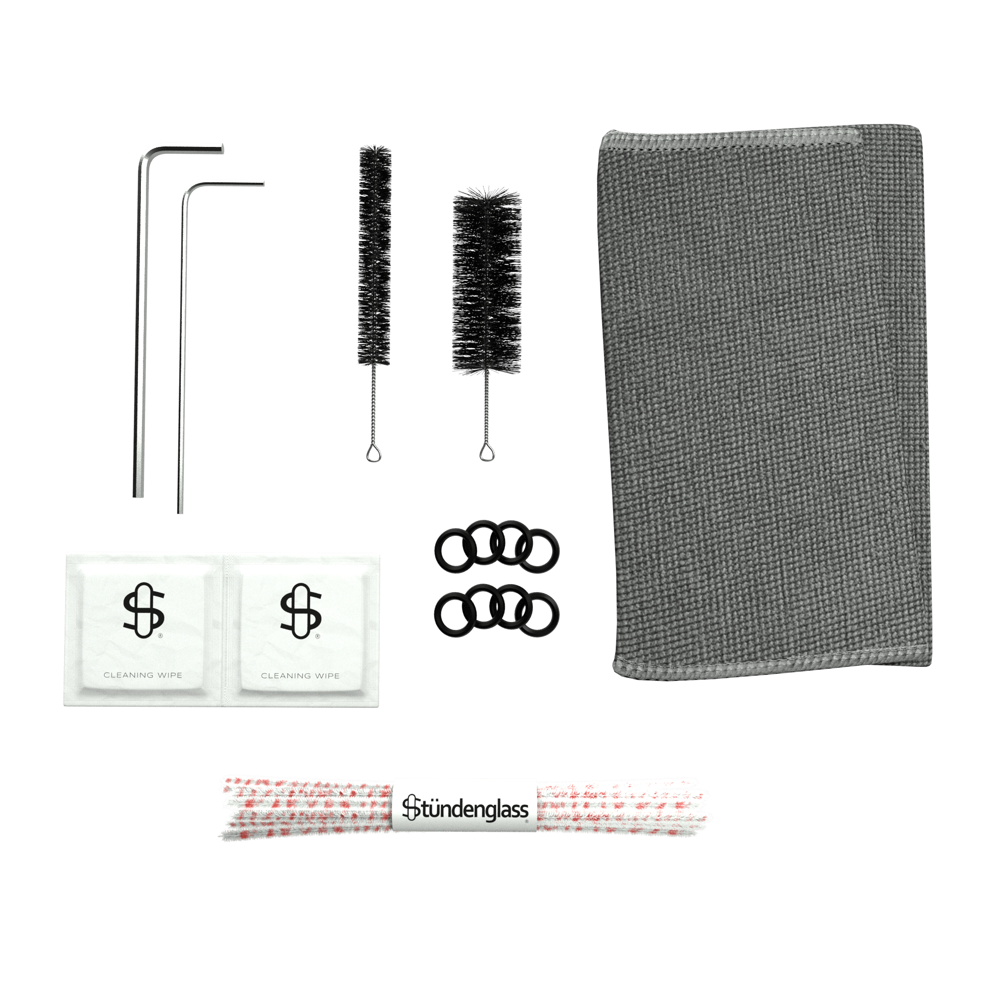 Top-down arrangement of the Cleaning Kit showing two angled metal straws, two black bottle brushes, a gray waffle-weave cloth, wipes, rubber gaskets and bundled pipe cleaners.