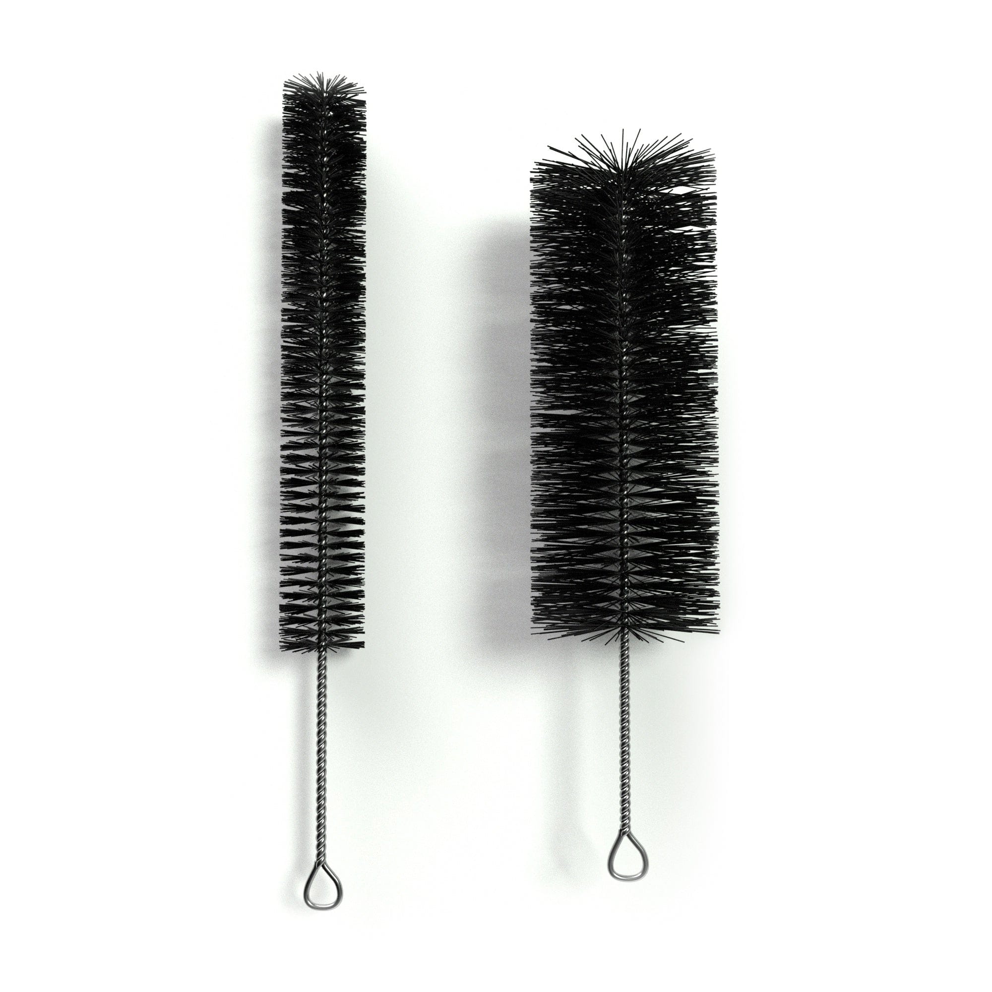 Close-up vertical view of two black bristle brushes from the Cleaning Kit suspended against a bright white background.