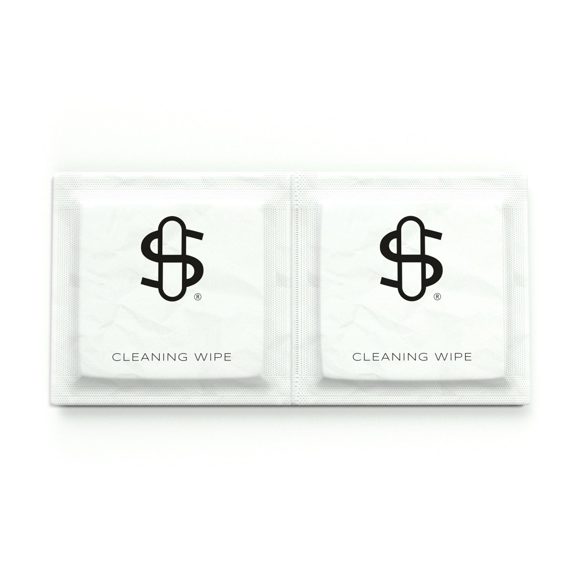 Top-down close crop of two white Cleaning Kit packets with large black dollar-sign logos and "CLEANING WIPE" text.