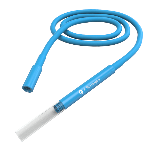 Top-down view of the bright blue Cookies X Stündenglass Hose Assembly coiled with one end capped and the other showing a clear detachable glass tip.