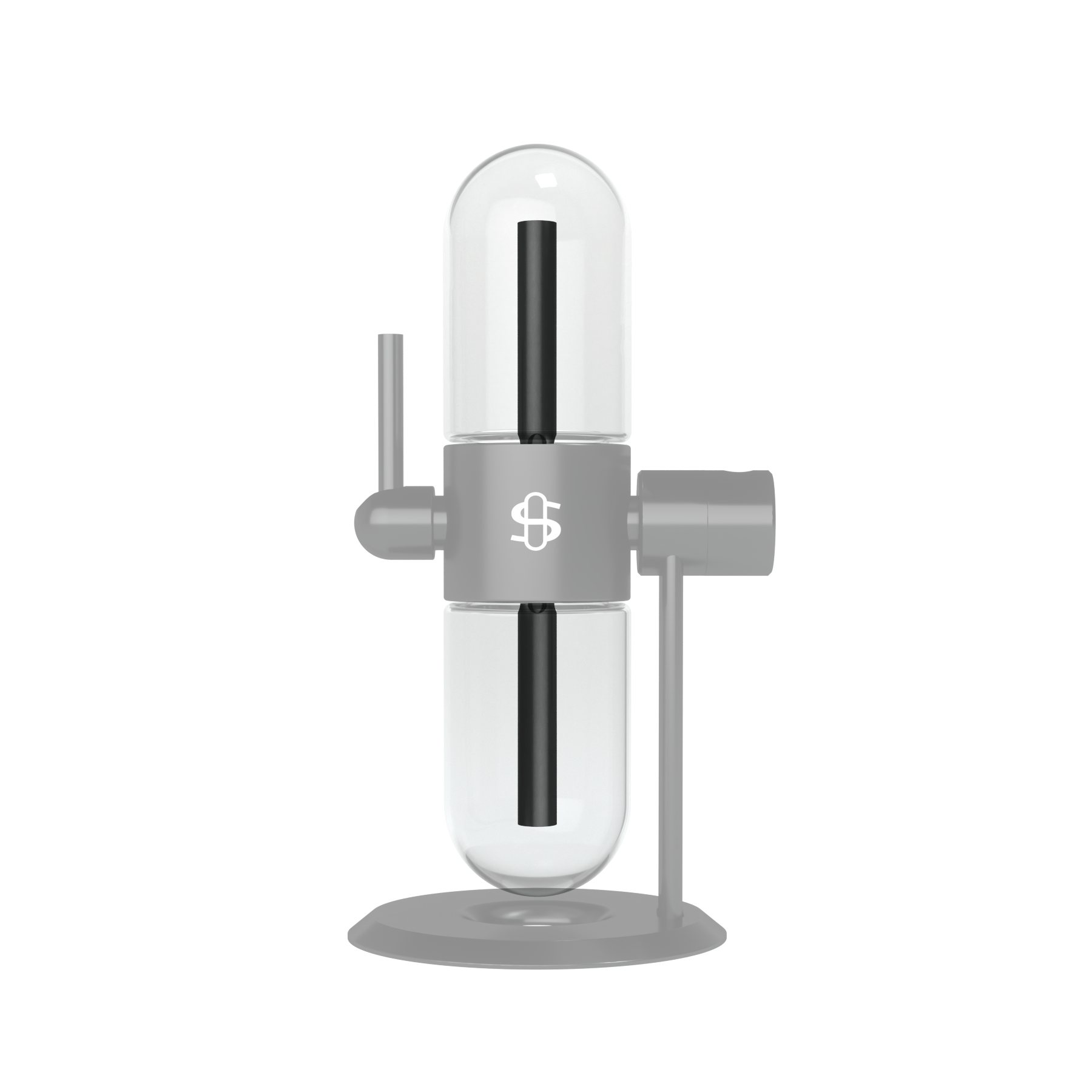 Center-frontal view of the Cookies X Stündenglass Upstem (Small) showing a clear glass capsule atop a gray central hub and stand.