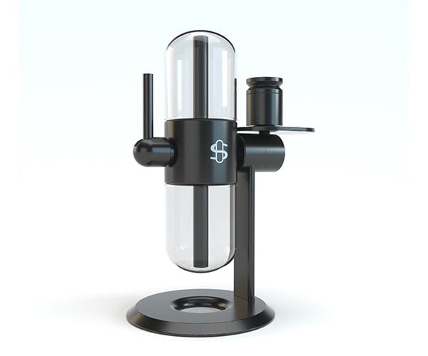 Centered studio shot of the Glass Globe Kit (Small) showing a clear vertical glass globe held by a black metal frame and round base.