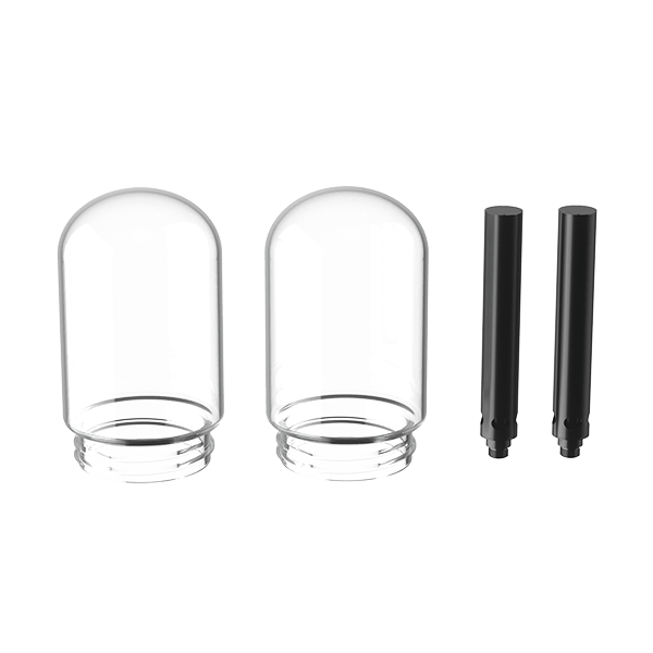 Two clear domes and two black cylindrical inserts shown side-by-side in a studio shot of the Glass Globe Kit (Small).