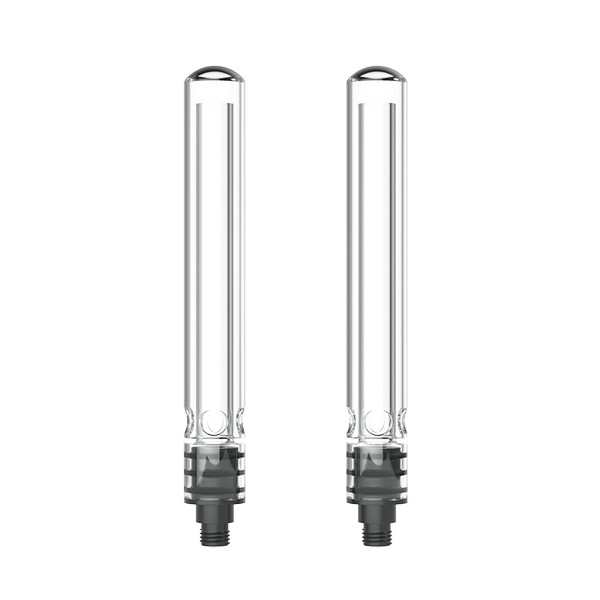 Front-facing pair of Glass Upstems (Large) shown upright on a white background, highlighting their clear glass tubes and threaded bases.